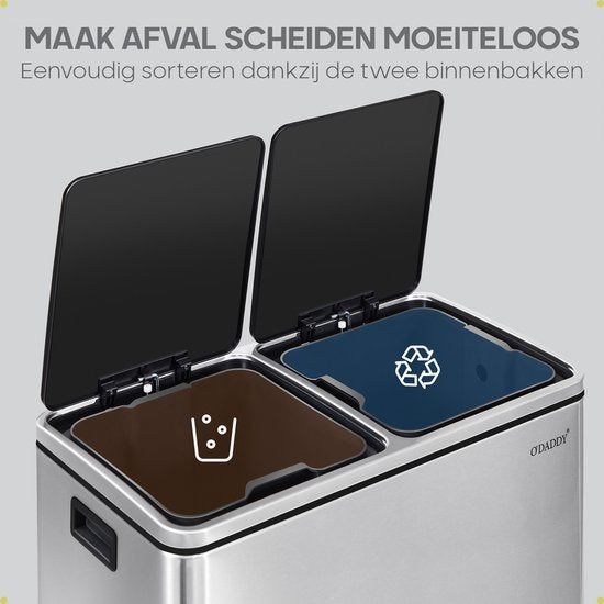 O'DADDY® Prullenbak - Afvalemmer – Duo Bin – 60 Liter – Soft-close – 58,6 x 32 x 65 cm – 2 Binnenemmers / Vakken - Afvalbak - Pedaalemmer 60L - Prullenmand - Vuilnisbak - Afvalscheiding Vuilbak – Inclusief 15 Afvalzakken – Elegant Zilver