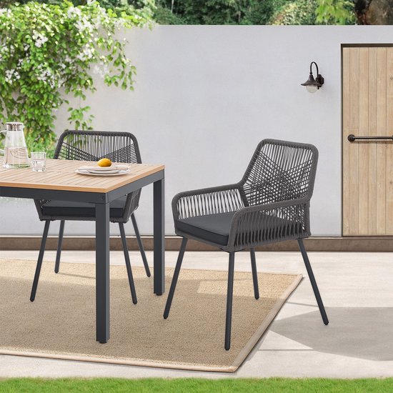 2 Stuks Tuinstoel Kastos met touwgaas - Grijs - Incl. Zitkussen