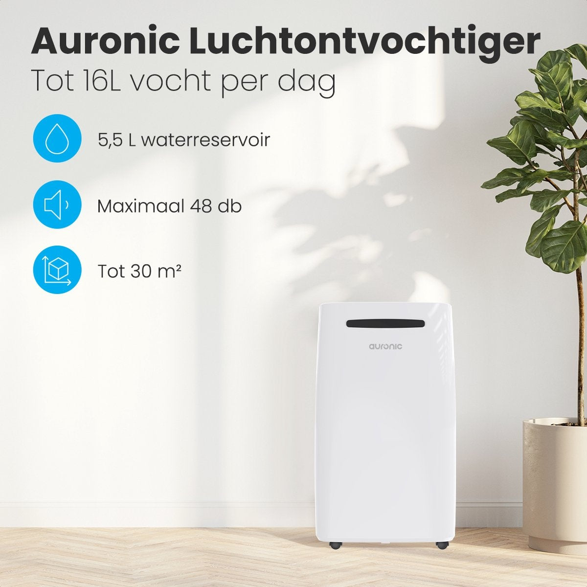 Auronic Luchtontvochtiger - 16L - Slaapkamer, Badkamer, Woonkamer en Kantoor - Wit
