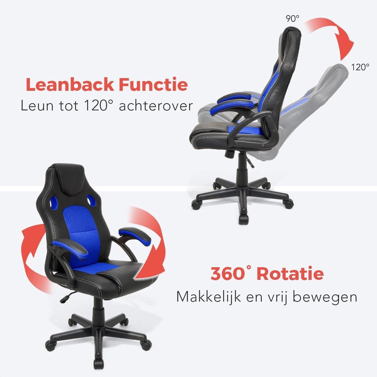 LifeGoods Gamestoel - Verstelbaar - Gaming stoel - Kunstleer - Blauw/Zwart