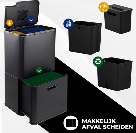 Bayt Prullenbak 60 Liter - Vuilnisbak 60 Liter - Prullenbak Afvalscheiding - 2 Compartimenten - RVS - Zwart