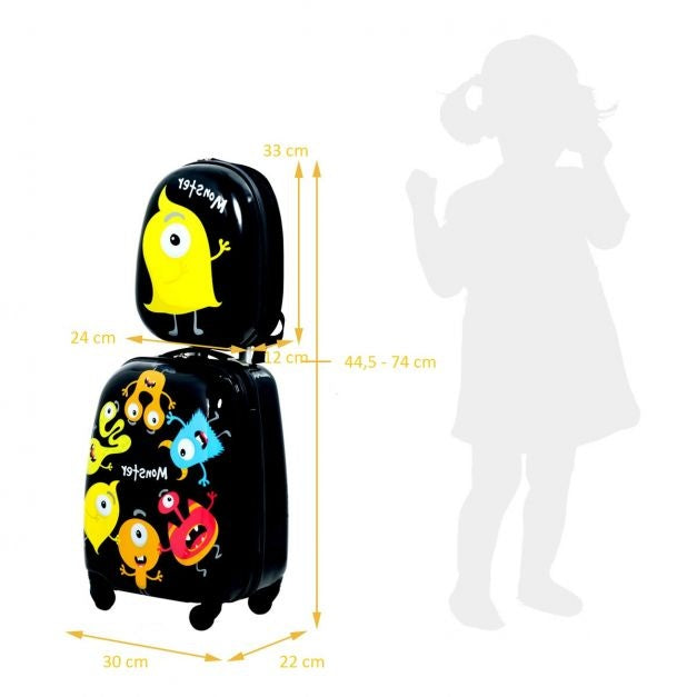 Coast Kinderkofferset 2-delig Kindertrolley + Rugzak Monsters Zwart