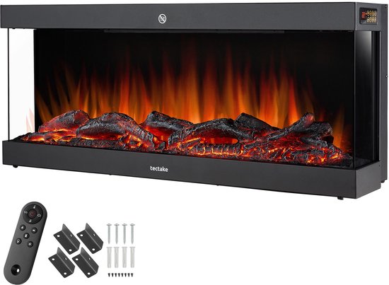 tectake® Wandhaard - Elektrische Haard - Sfeerhaard - 900W & 1800W - Bediening met Afstandsbediening of App - met Thermostaat - Kachel - met Verwarming - Haarden - met Hout en Gloeieffecten - 3D Vlammen - Timer - 9 Kleuropties