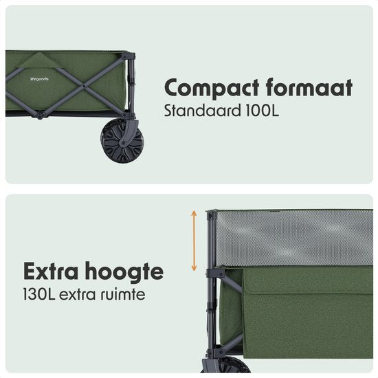 LifeGoods Bolderkar - Opvouwbare Bolderwagen - 100KG - 230L - Verhoogbaar - Met Beschermhoes - Groen