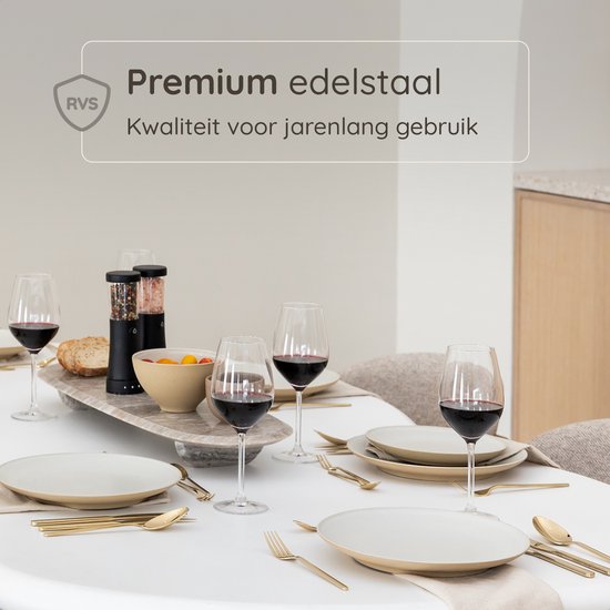Deleca 6 Persoons Luxe RVS Bestekset Amor (36-delig) - Lepels, Messen, Vorken, Steakmessen & Gebaksvorkjes - Vaatwasserbestendig - Goud Design Bestek - 18/0 Edelstaal