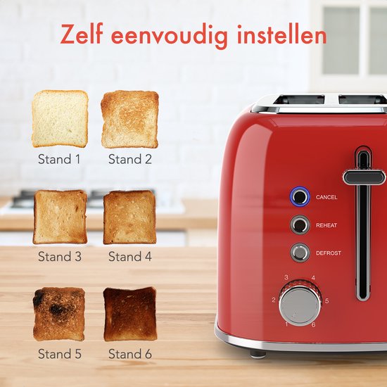 KitchenBrothers Broodrooster met Tostiklemmen - Toaster - 6 Warmteniveaus - Brede Sleuven - Broodrooster - 870W - Rood