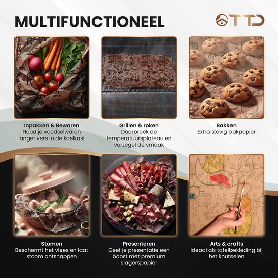TTD® Butcher Paper XXL met Voedselveilige Print - 53 meter - Professioneel 100% Natuurlijk Slagerspapier van Houtpulp - BBQ Accesoires - Barbecue - Houtvezels - Ongecoat Slagerspapier