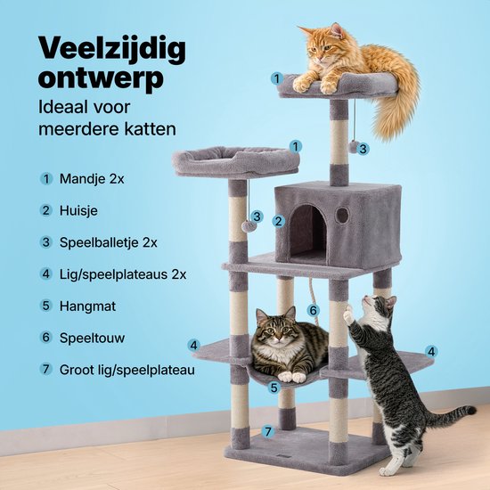 Jake en Jacky Krabpaal voor Katten - Kattenkrabpaal - Krabmeubel - Kattenboom - Krabpalen - Kattenhuis - Lichtgrijs - 147 cm Hoog