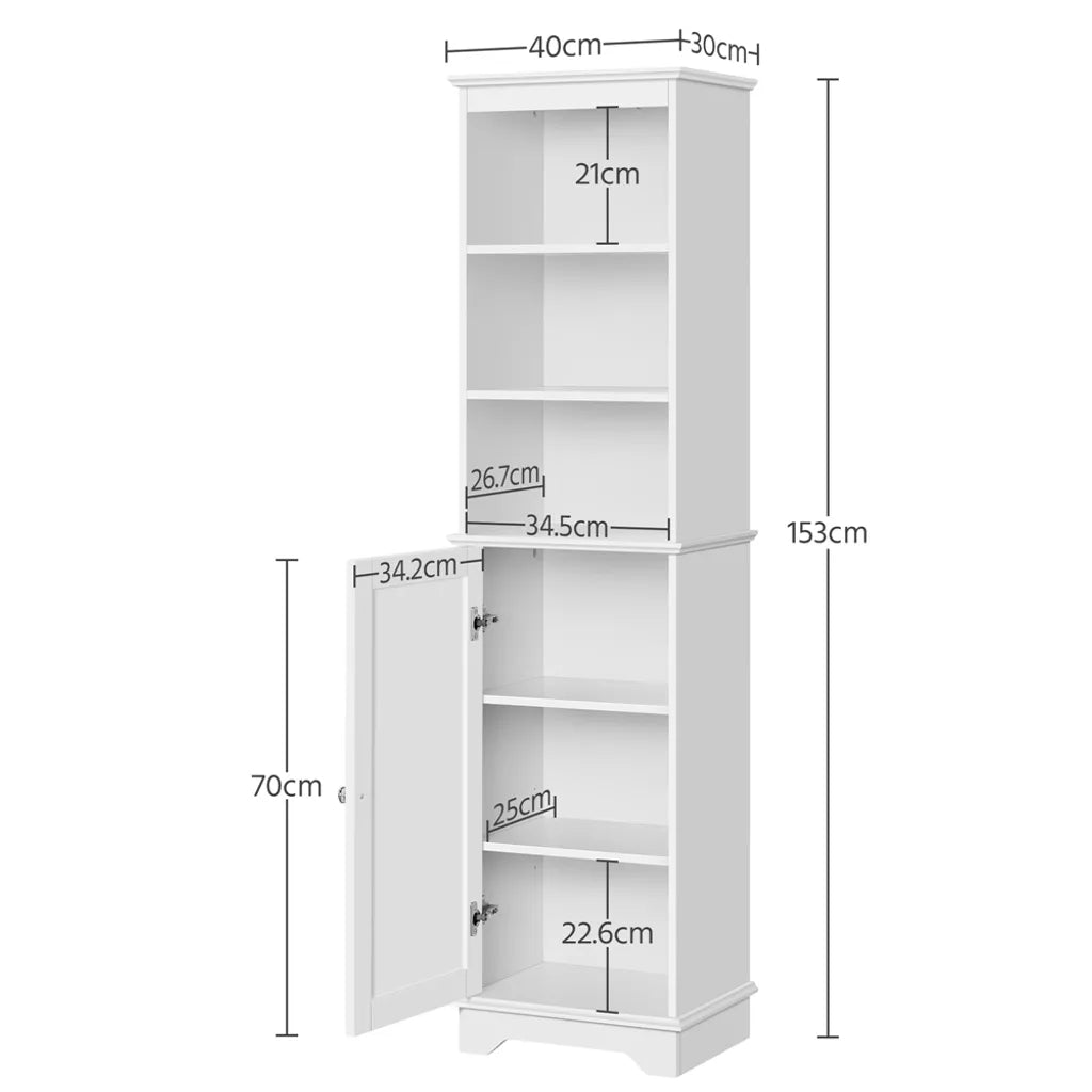 Yaheetech Badkamerkast 40 x 30 x 153 cm - Wit - Hoge Opbergkast met 3 Open Planken en Verstelbare Legplank