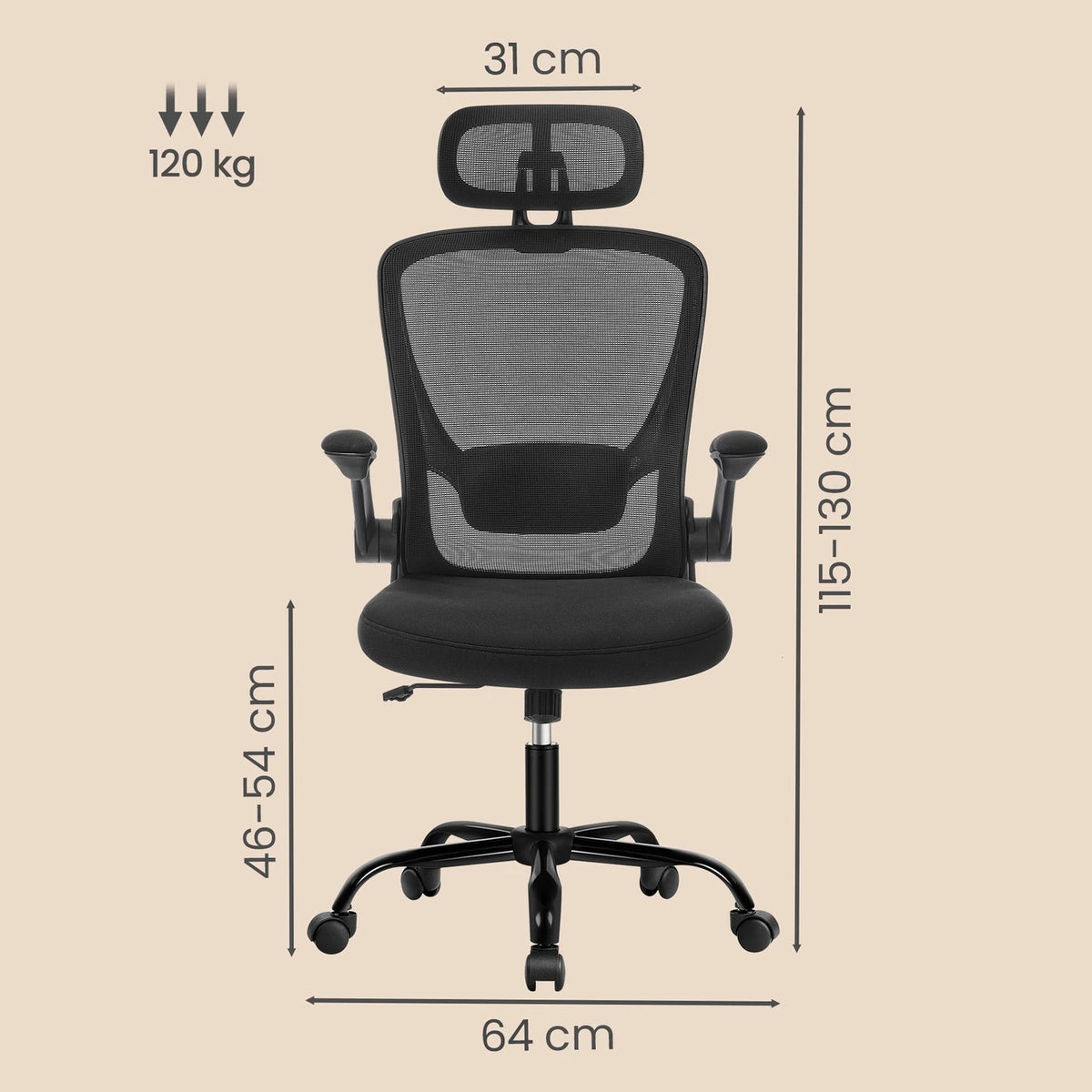 Joyfurnos Ergonomische Bureaustoel Mesh - Verstelbare Lendensteun en Hoofdsteun - Kantelfunctie - 64 x 64 x 115-130 cm - Inktzwart