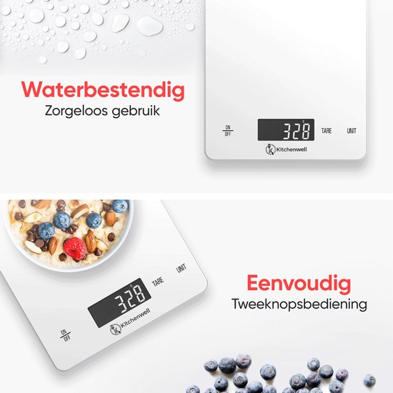 Kitchenwell Digitale Precisie Keukenweegschaal – Weegschaal Keuken - 1gr - 15kg – Tarra Functie - USB Oplaadbaar - Wit