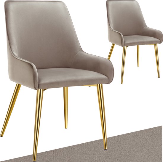 tectake® Eetkamerstoel Avane - Fluweeloptiek - Ergonomische gestoffeerde stoel met gouden stalen poten - Draagkracht 120 kg - Moderne eetkamer- en keukenstoel - Set van 2 - Taupe