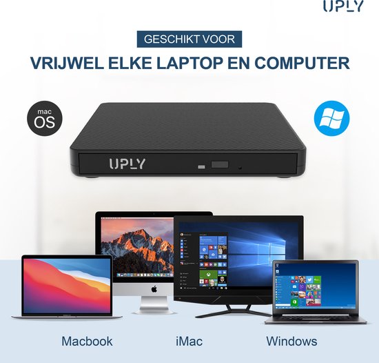 UPLY Externe DVD Speler - Windows en Mac - USB C en USB 3.0 - Externe DVD Speler voor Laptop - Externe DVD Speler en Brander - CD