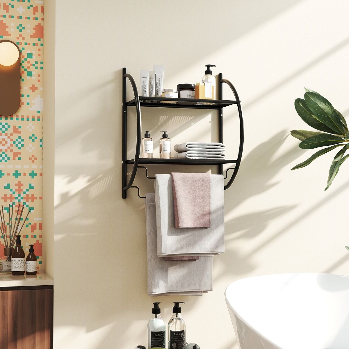 Coast Handdoekhouder voor de badkamer - wandmodel - met planken en handdoekstangen - zwart 45 x 25,5 x 55 cm
