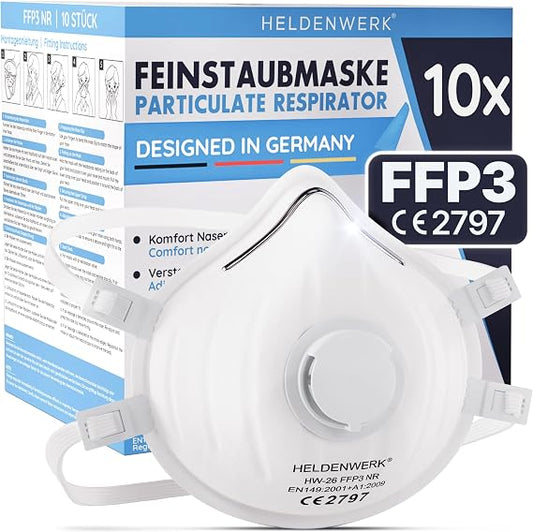 Heldenwerk FFP3 Stofmasker met Ventiel - Pak van 10 - Fijnstofmasker met Verstelbare Hoofdband