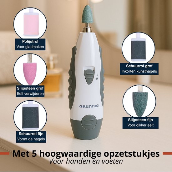 Grundig Manicureset Elektrisch 5-in-1 - Manicureset voor Handen en Voeten - Elektrische Pedicureapparaten met 5 Opzetstukken - Compacte Set voor Thuis en Reizen
