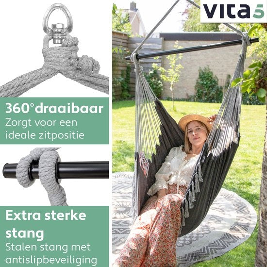 Vita5 XXL Hangstoel | Binnen&Buiten Hangnest | Incl. 2 Kussens en Boekenvak | Volwassenen&Kinderen | Hangmatstoel tot 200kg | Donkergrijs