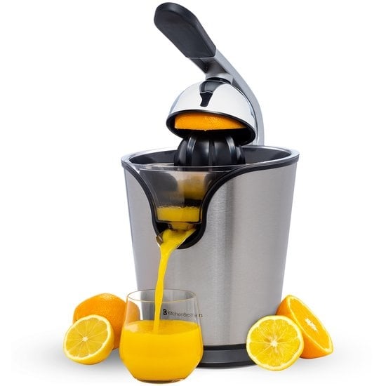 KitchenBrothers Citruspers - Elektrische Sinaasappelpers en Citroenpers met Pershendel - RVS - Zwart
