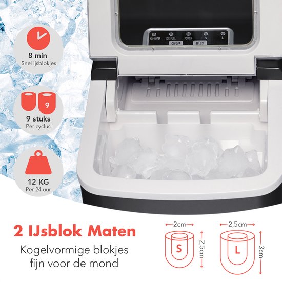 KitchenBrothers - 2L - IJsblokjesmachine - 12kg/24 uur - IJsschep - IJsblokjesmaker - Zelfreinigingsfunctie - Zwart