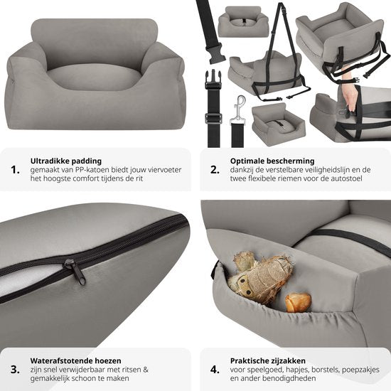 tectake® Hondenautostoel – Gestoffeerd met Veiligheidslijn & Zijvakken – 55 x 50 x 29 cm – Grijs