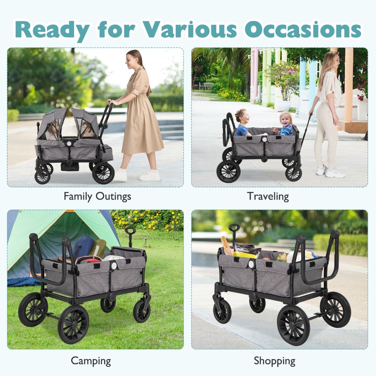 Coast 2-in-1 Opvouwbare Geschwisterwagen - Grijs - 104 x 57 x 107 cm – Verstelbare Handgreep & Afneembare Kap