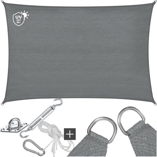 tectake® Rechthoekig Schaduwdoek Sunny - 5 x 7 m - Extra Stevig 185 g/m² HDPE Zonwering Doek - 50+ UV Bescherming - Weerbestendig en Scheurbestendig - Zonnescherm voor Tuin, Balkon, Terras - Zonnedoek inclusief Montagemateriaal - Grijs