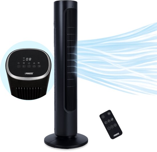 Princess DC Torenventilator 101cm – Extra Stil - 12 Snelheden – Oscillatie – Timer 1-8uur – Met Afstandsbediening - Staande Ventilator – 50W– Zwart - 352390