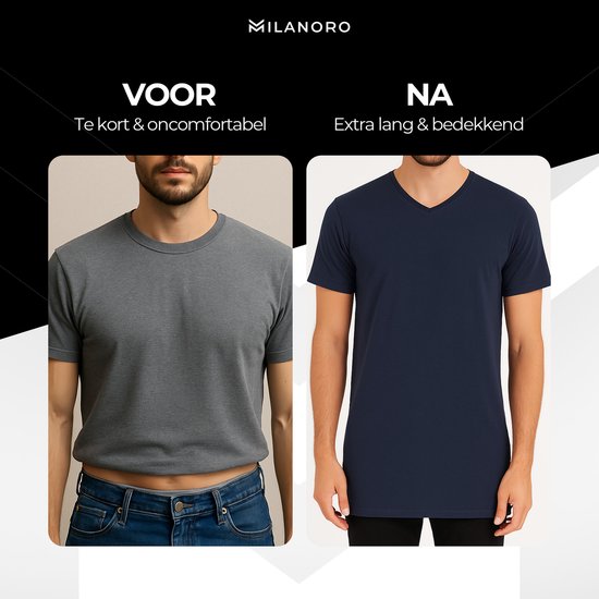 Milanoro - 4-pack extra lange katoenen T-shirts - Navy - Ronde hals - S