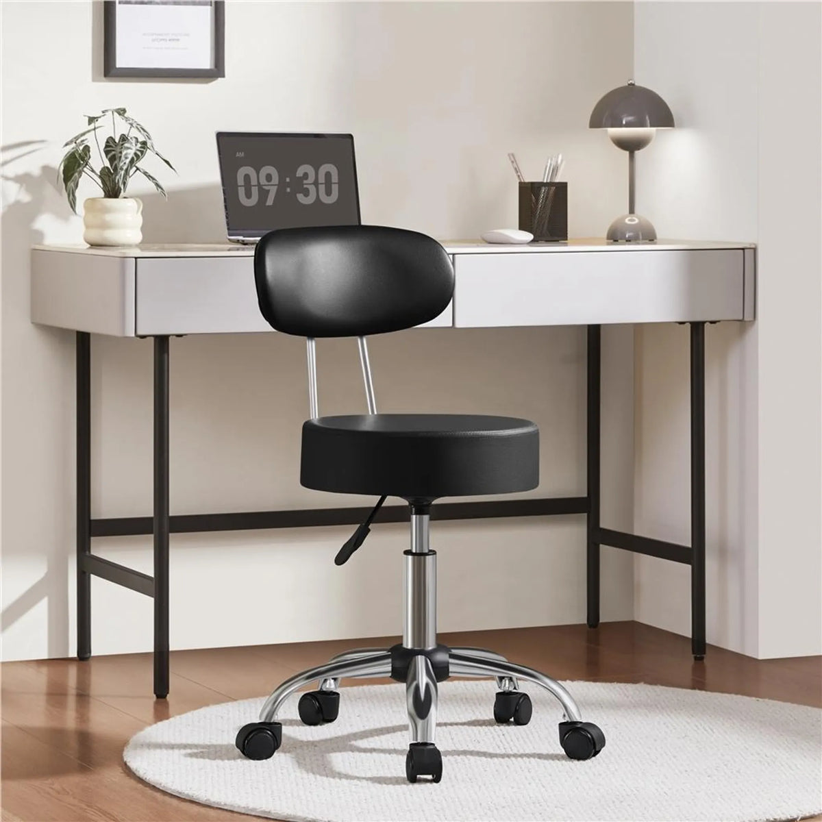 Yaheetech Barkruk Make-upstoel – 52 x 44,5 x 75,5-85 cm – Voorzien Van 10 cm Dik Zitkussen En 360° Rotatie En Verchroomd Metalen Frame – Voor Salon En Kaptafel – Zwart Kunstleer En Metaal
