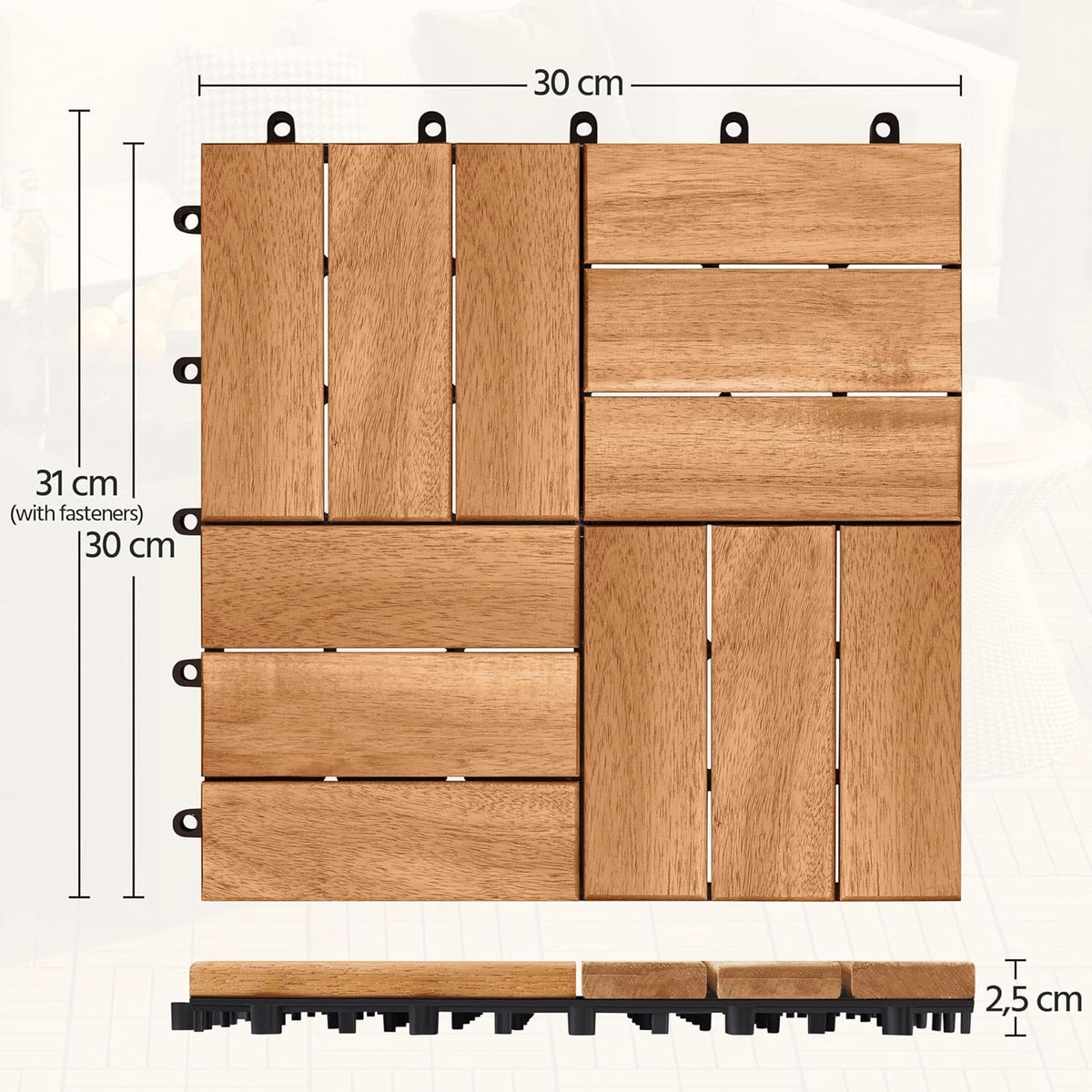 Yaheetech Acacia Houten Vlondertegels Lichtbruin - 27 Stuks - 30 x 30 cm - Waterbestendige Kliktegels voor Balkon, Terras & Tuin