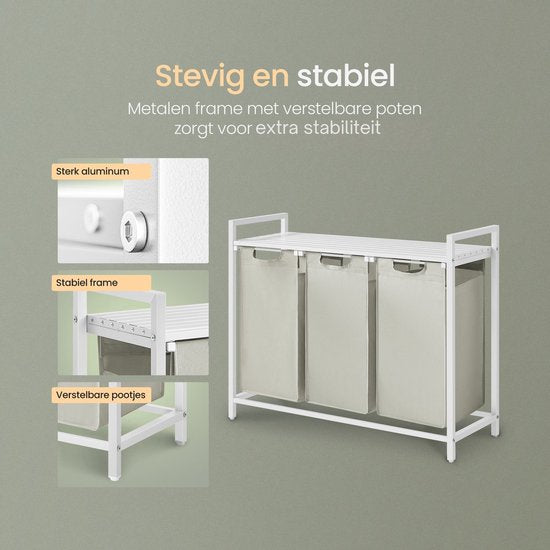 O'DADDY® Wasmand 3 Vakken - Uitschuifbare Wassorteerder met Plank - 114 Liter - 92,5 x 33 x 71 cm - Verstelbare Pootjes - Makkelijk te Monteren - Veelzijdig en Stijlvol Metaal - Wit
