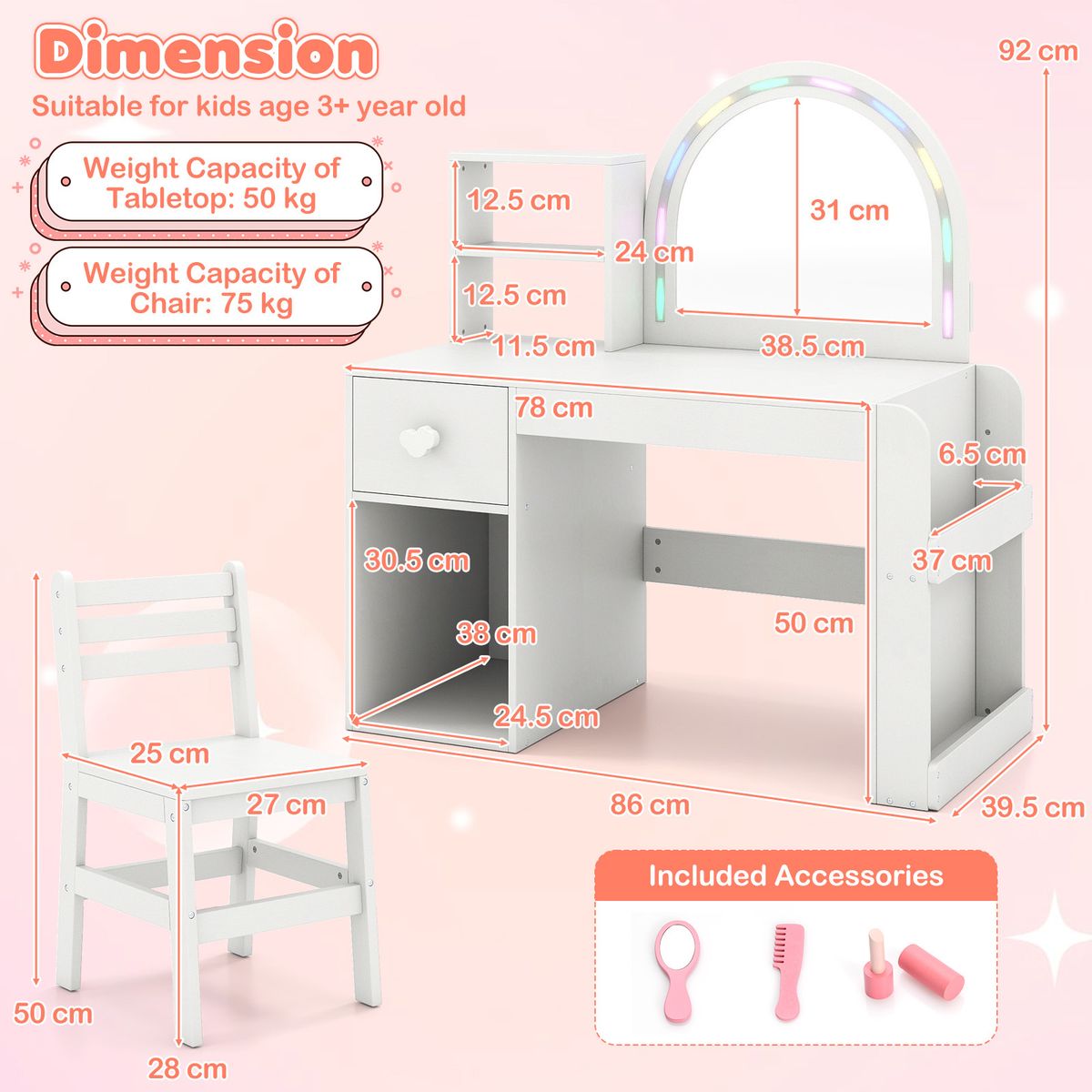 Coast Kinderkaptafel met Stoel - Verlichte Spiegel - Opbergruimte - Roze en Wit