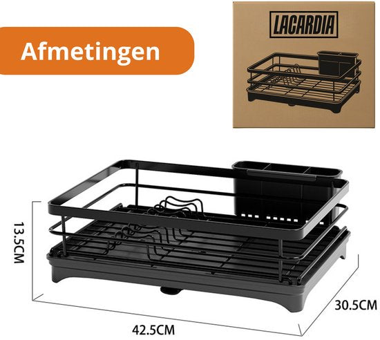 LaCardia Afdruiprek - Zwart afwasrek met Lekbak en Bestekhouder - RVS Afwasdroogrek voor Afwas