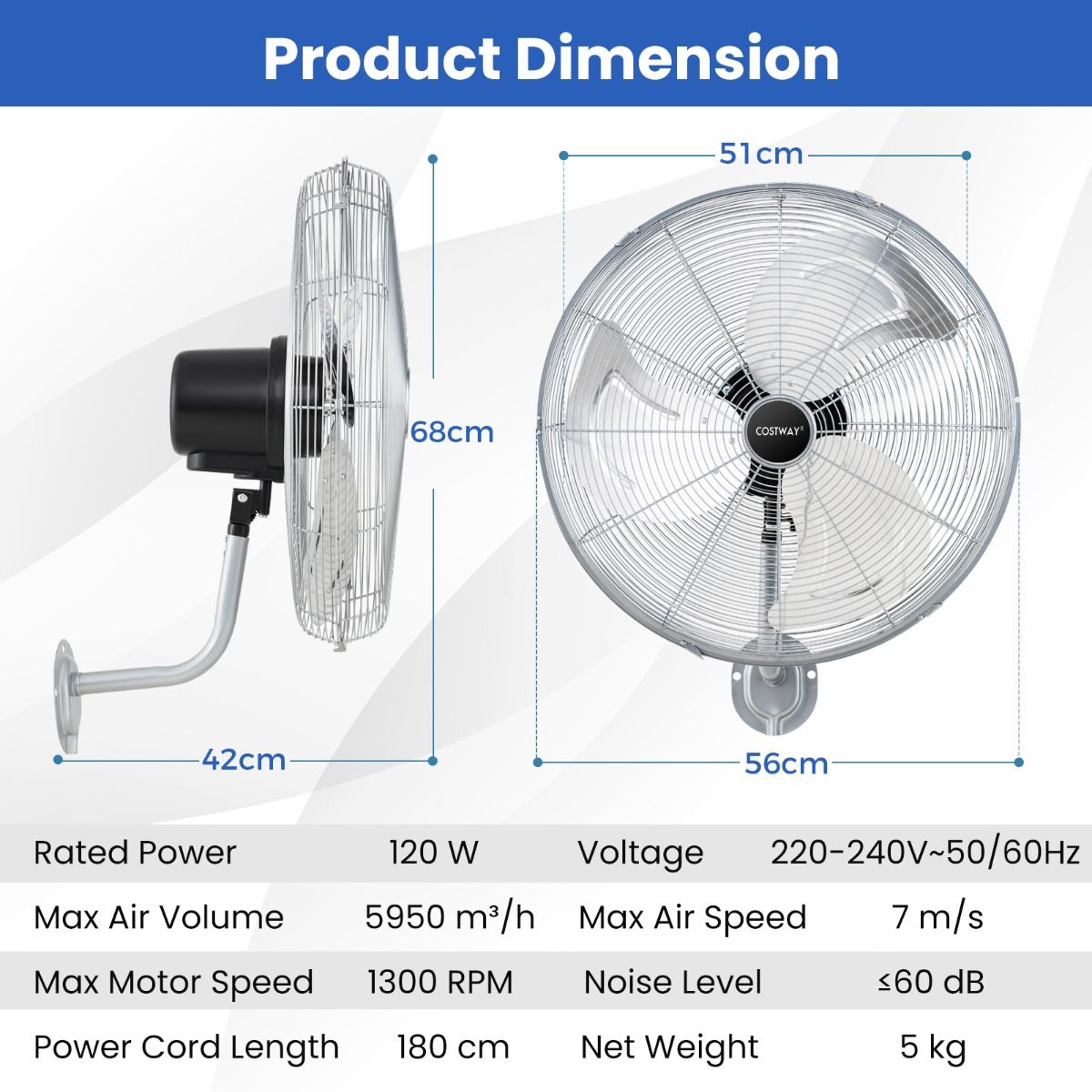 Coast Industriële Wandventilator Ø 56 cm – Zilver – 3 Snelheden, 85° Oscillatie, 30° Kantelbaar