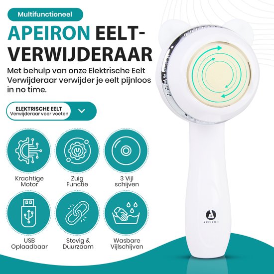 Apeiron Elektrische Eeltverwijderaar – Voetvijl – Professionele Eeltverwijderaar – Eeltvijl – Eeltverwijderaars - USB Oplaadbaar - Inclusief 3 Extra Vijlschijven - Wit - Gratis E-Book