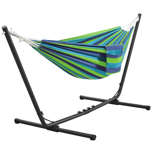 Yaheetech Campinghangmat met Stalen Frame – 294/304/314 cm – Blauwgroen Gestreept – 205 kg Draagvermogen