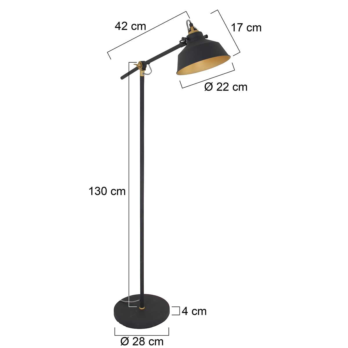 Zwarte Vloerlamp Nove 1322ZW - Draaibare & Kantelbare Industriële Lamp met Goudkleurige Details, E27 Fitting, Metaal & Kunststof - Mexlite