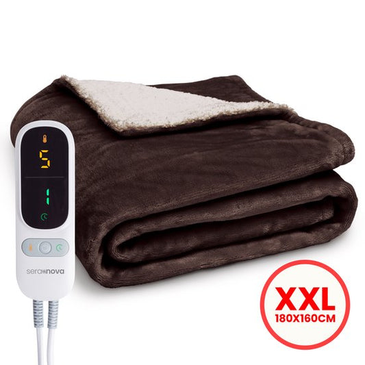 Seranova Elektrische Deken XXL - Extra Warmtedraden - Premium Model - 180x160 cm - 2 persoons Warmtedeken - Dubbelzijdig Fleece Sherpa - Kastanjebruin