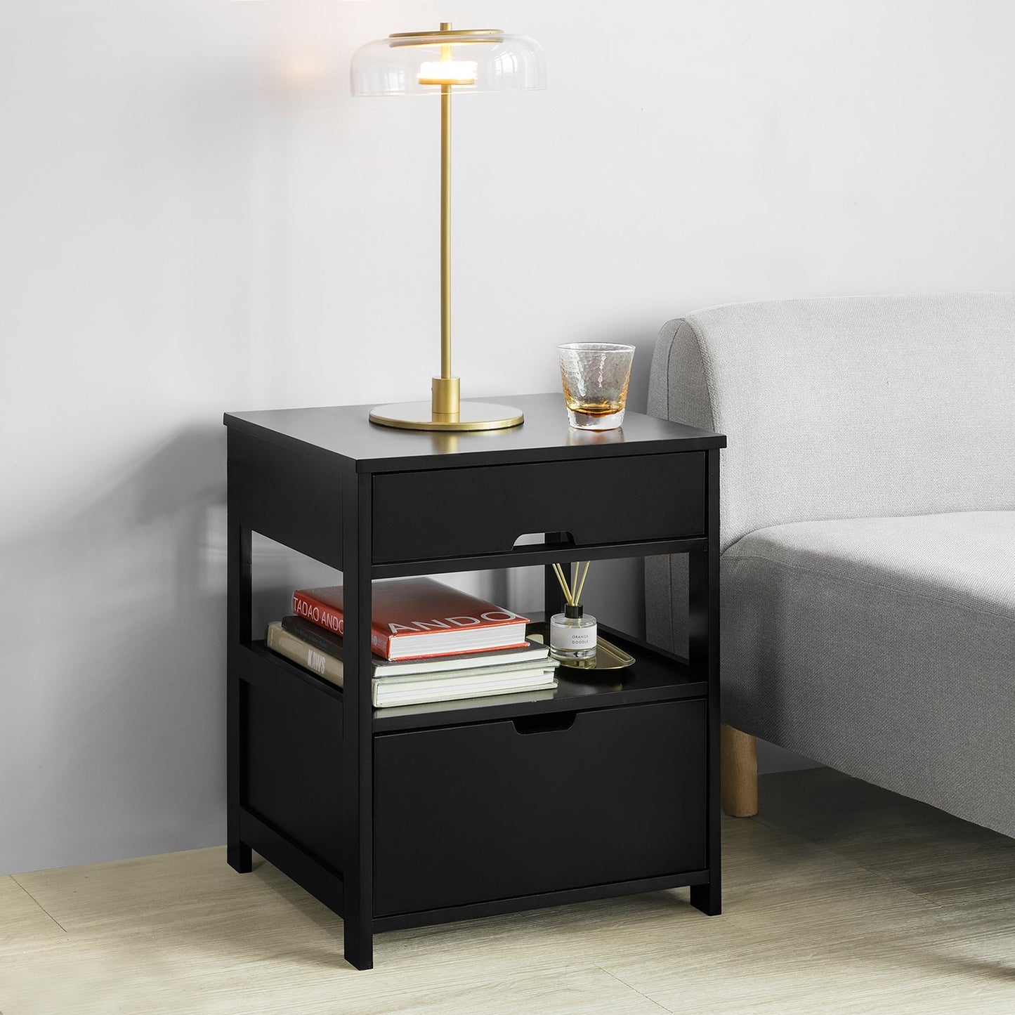 SoBuy Bijzetkastje - Nachtkastje - Incl 2 Laden En 2 Planken - Zwart - 45x55x38 cm