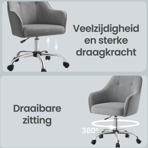 JOYFURNOS Draaistoel Grijs Linnen-look Hoogte Verstelbaar 86-96 cm