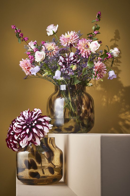 Mica Decorations Pantera Vaas - Glas - Bruin met Luipaardprint - 27x26 cm