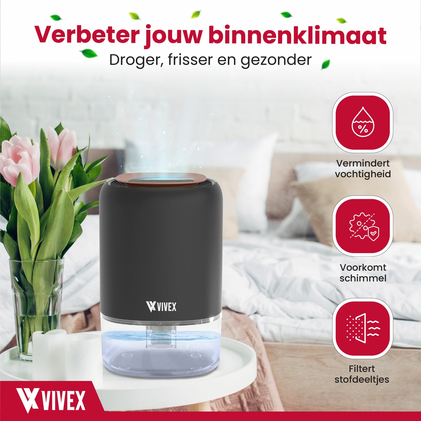 Vivex® Luchtontvochtiger AirDry Pro - Ontvochtigt 600 ml per Dag - Extreem Stil - RGB LED - Luchtreiniger Geschikt voor Huis, Slaapkamer & Kantoor
