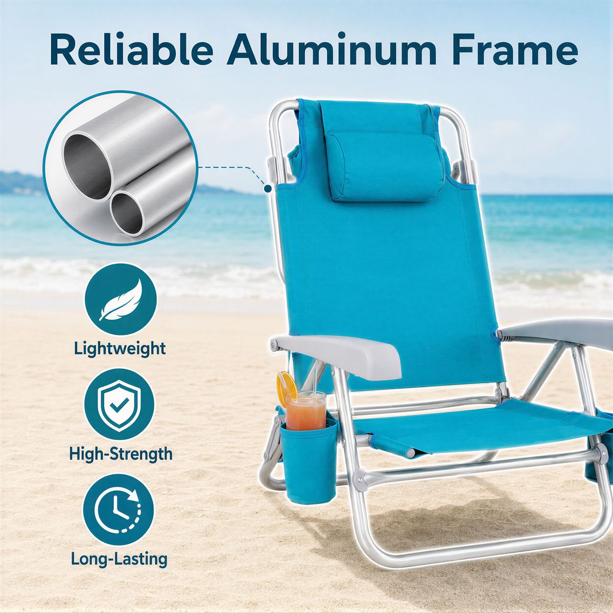 Coast Strandstoel 2-delige set - opvouwbaar met verstelbare rugleuning en hoofdsteun - turquoise