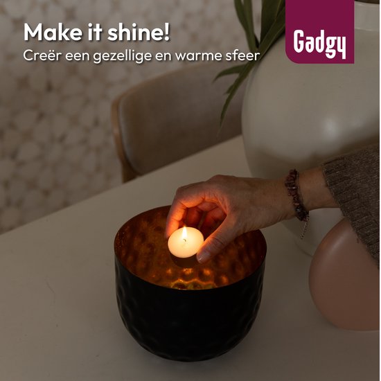 Gadgy Waxinelichthouder Rond - Theelichthouders - Decoratie Woonkamer - Sfeerverlichting Binnen - Kaarsenhouders voor Waxinelichten 14x15 cm - Windlicht Metaal - Zwart/Goud - Cadeau voor Vrouw