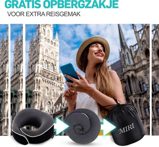 MiRi Nekkussen –【Luxe】Reiskussen – Neksteun – Traagschuim – Zwart – Memory Foam – Ergonomisch – Vliegtuig / Auto / Thuiswerken