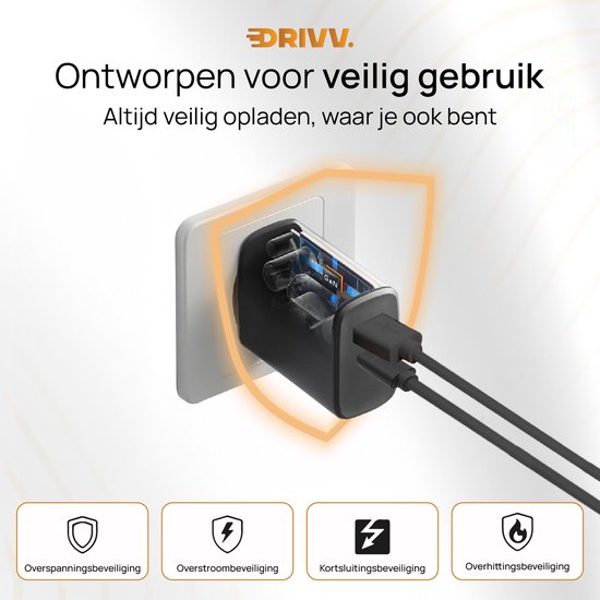 Drivv. USB C Oplader 35W - 2 in 1 Snellader - USB C & USB A aansluiting - Adapter