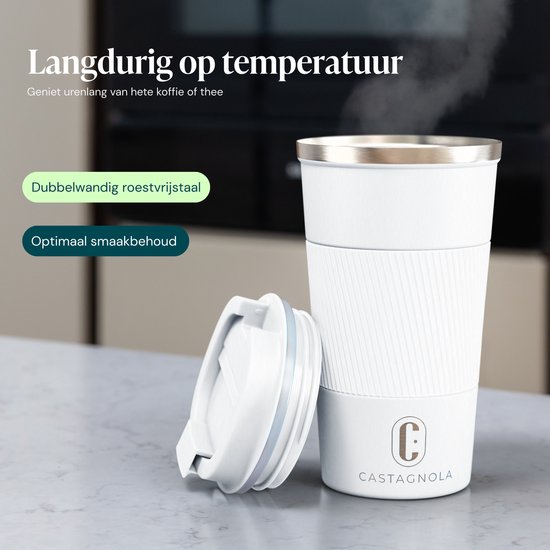 Castagnola Thermosbeker - Koffiebeker To Go - Travel Mug voor Koffie en Thee - Theebeker - 510 ML - RVS - Wit