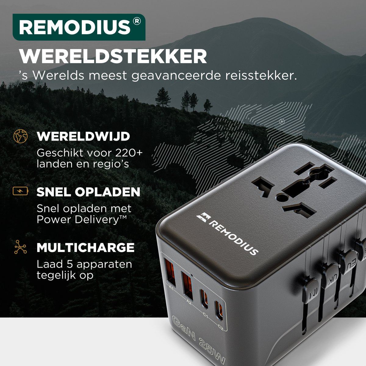 Remodius Wereldstekker - Universele Reisadapter voor 220+ Landen - 2x USB-C & 2x USB-A - Snellader - Type A/B/C/D/E/F/G/I/J/L/N - Compact & Handbagageproof