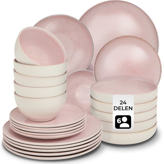 tectake® Serviesset Mare - 24-delig - Aardewerk met Glanzend Glazuur - 6 Persoons - Handgemaakt Servies - Moderne Bordenset met Grote en Kleine Borden, Kommen, Schaaltjes - Vaatwasser- en Magnetronbestendig - Roze