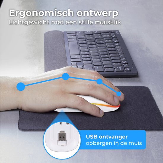Nuvance - Draadloze Muis LED - Bluetooth - Ergonomisch - Laptop en gaming - Draadloos - Wit